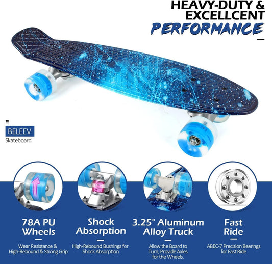 BELEEV Children's Skateboard 22 Inch with LED Light-up Wheels, Complete Mini Cruiser Skateboard for Kids Teens Adults, LED Light-up Wheels with All-in-one Skate T-Tool for Beginners
