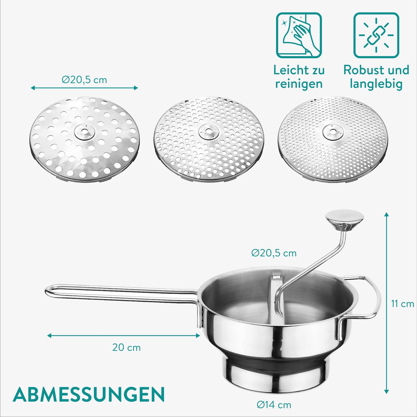 Navaris stainless steel food mill with 3x sieve inserts - perfect for soups, jams, baby food, and sauces. Includes 3 sieve inserts and a durable stainless steel design.