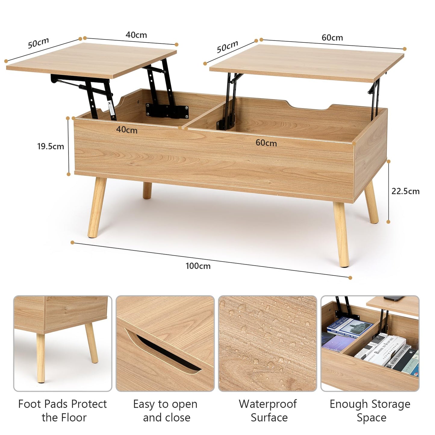 VOWNER coffee table, height adjustable, extendable, retractable living room table, separate hidden storage compartment, double lifting plate, wood color.