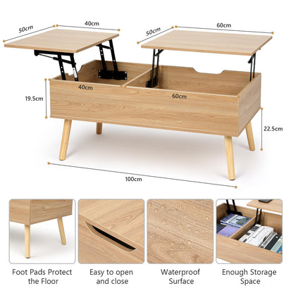 VOWNER coffee table, height adjustable, extendable, retractable living room table, separate hidden storage compartment, double lifting plate, wood color.