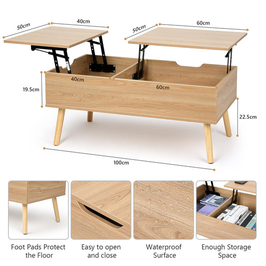 VOWNER coffee table, height adjustable, extendable, retractable living room table, separate hidden storage compartment, double lifting plate, wood color.