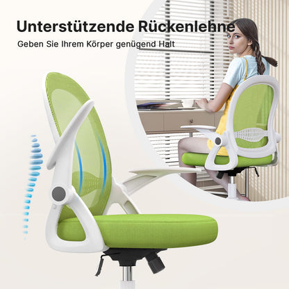 Naspaluro office chair, ergonomic desk chair with breathable mesh backrest, foldable armrests, adjustable height, computer chair, lightweight chair, 360° swivel chair, green.
