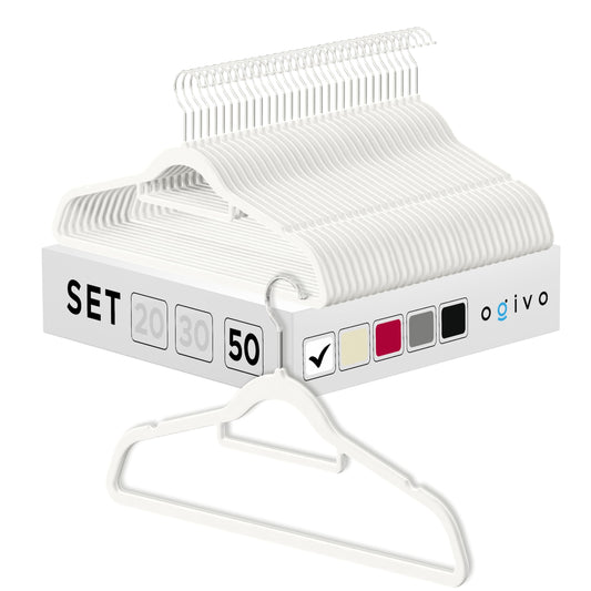 OGIVO Velvet Hangers - 50 pack - Non-slip hangers for your wardrobe - small rod for ties - 360° swivel hooks - notches in shoulder area - Hangers Clothes (White)