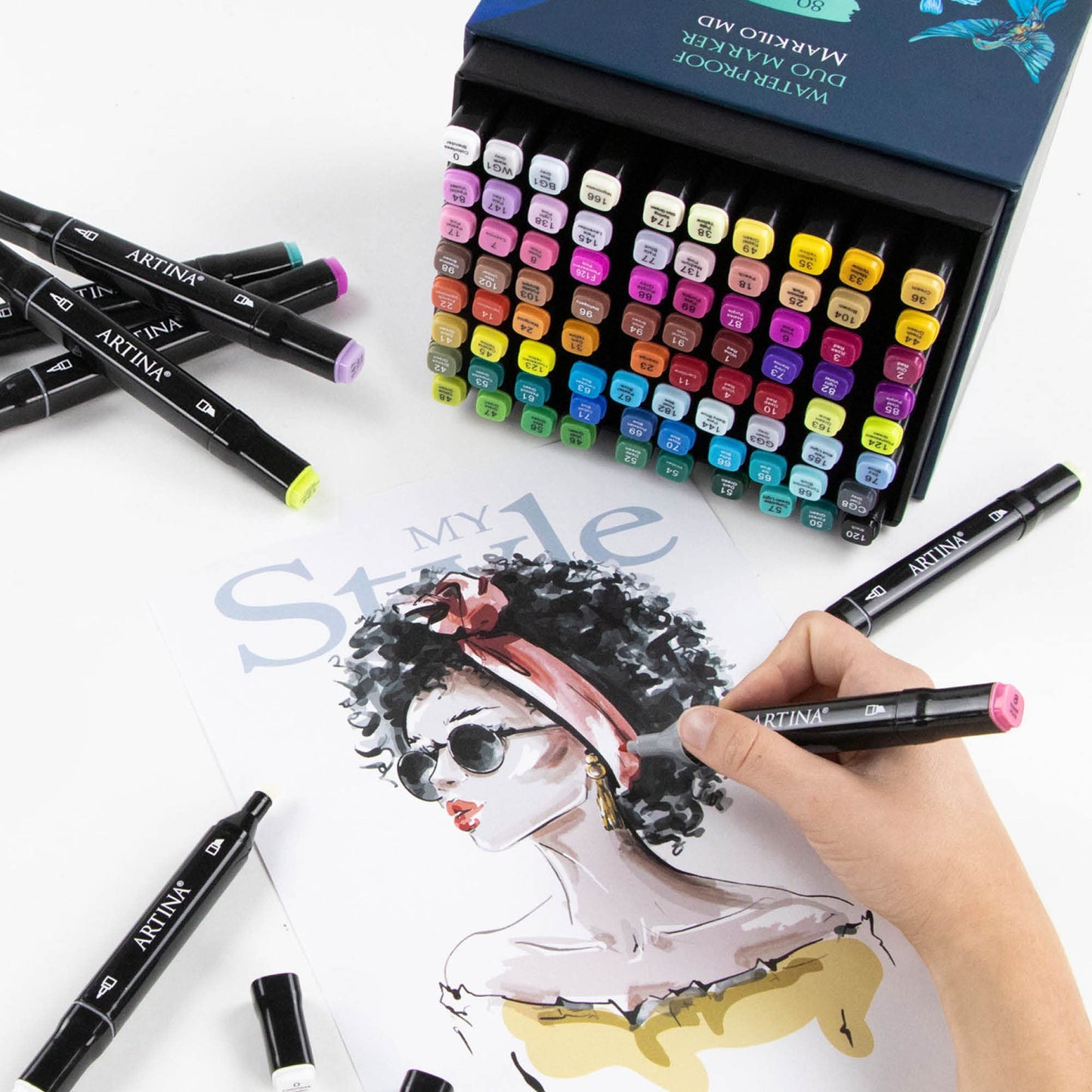 Artina 80pc Marker Set Markilo MD with 3mm & 6mm tips - waterproof permanent markers with intense & highly pigmented colors, felt tip set with 2 tips for scrapbooking, bullet journaling, manga.