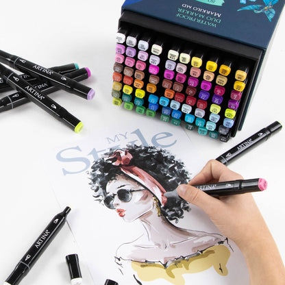 Artina 80pc Marker Set Markilo MD with 3mm & 6mm tips - waterproof permanent markers with intense & highly pigmented colors, felt tip set with 2 tips for scrapbooking, bullet journaling, manga.