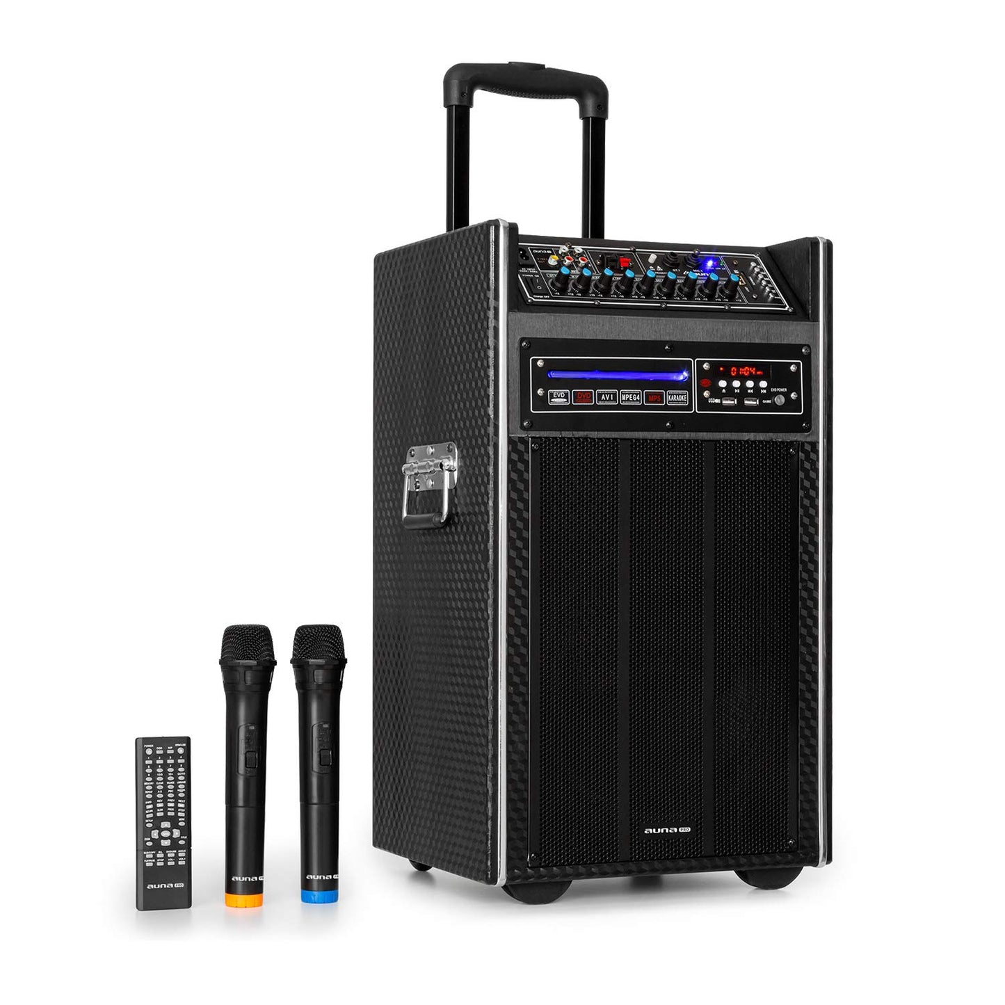 auna Pro DisGo Box DVD - Mobile PA system with built-in DVD player, 300 W max., 2 x 10 (25.5 cm) subwoofers, Bluetooth, USB, SD slot, wireless UHF microphone, battery, remote control, black.