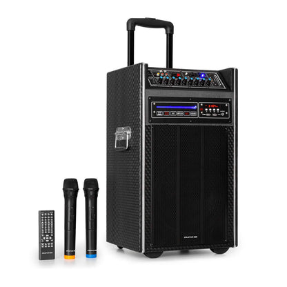 auna Pro DisGo Box DVD - Mobile PA system with built-in DVD player, 300 W max., 2 x 10 (25.5 cm) subwoofers, Bluetooth, USB, SD slot, wireless UHF microphone, battery, remote control, black.