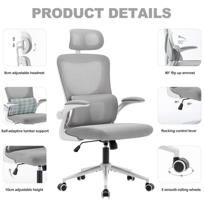 LIYURUI Ergonomic Office Chair, Adjustable Desk Chair with Headrest/self-adaptive Lumbar Support/padded flip-up Armrest, breathable 125° Rocking 360° Swivel Chair, gray