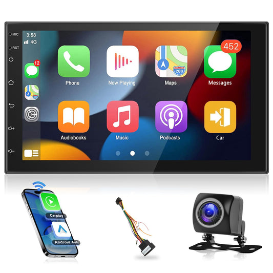 Android double DIN car stereo with Carplay, wireless Android Auto, 7-inch touchscreen, Bluetooth/GPS navigation, FM RDS radio. Car multimedia player with WiFi, USB, and rearview camera.