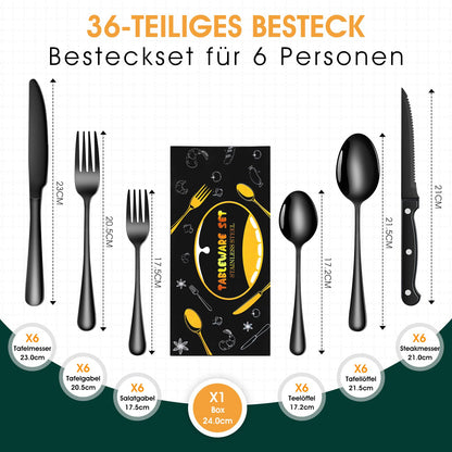 TAN REN Black Cutlery Set for 6 People, 36-Piece Stainless Steel Black Cutlery Set with Steak Knives, Elegant Dining Utensils with Knife Fork Spoon, Tableware for Kitchen/Restaurant