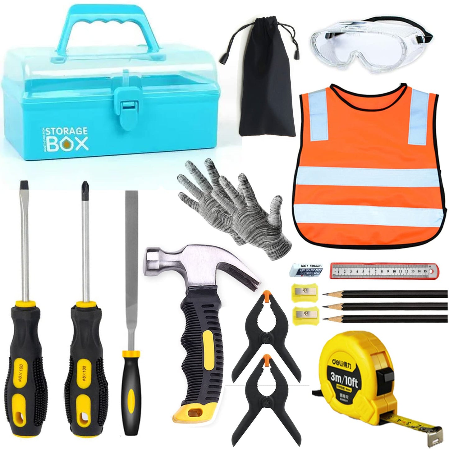 QeeHeng Real Tools for Kids - 20-piece construction tool set with blue toolbox and safety gear, woodworking tool set for beginners, educational gift