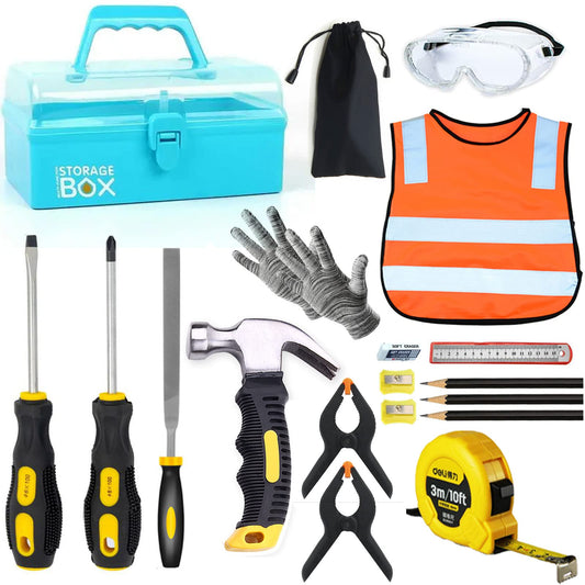 QeeHeng Real Tools for Kids - 20-piece construction tool set with blue toolbox and safety gear, woodworking tool set for beginners, educational gift