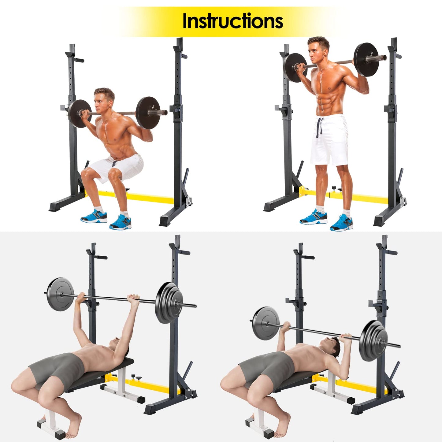 LIFERUN Squat Rack barbell stand, squat stand, adjustable barbell rack height adjustable, multifunctional barbell rack for gym home weightlifting bench press up to 250 kg (Yellow)