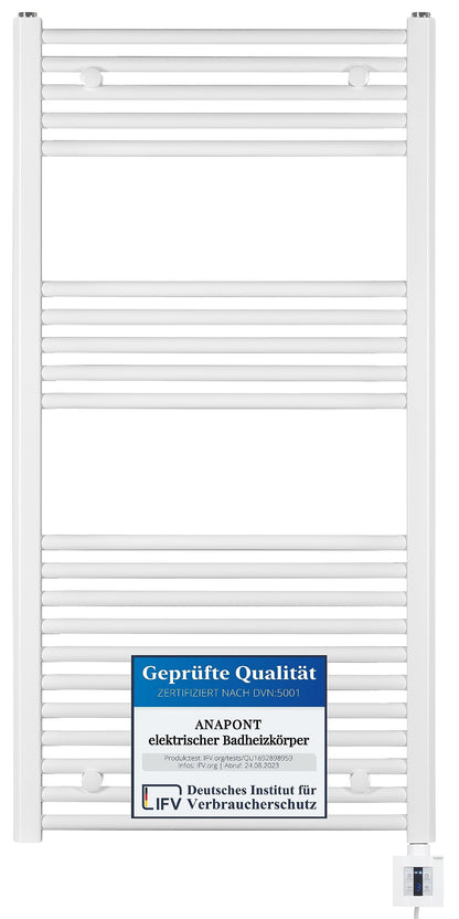 anapont electric bathroom radiator 1175x500 - white straight - timer function - towel radiator - electric bathroom heater - towel heater - Made in Germany
