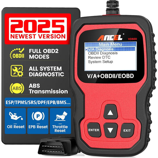 ANCEL VD500Pro OBD2 diagnostic tool for VW/Audi/Skoda/Seat vehicles. Wired, reads fault codes, engine light, EPB, oil, and TPS reset functions. Available in German.