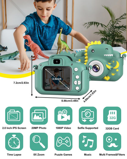 GREENKINDER Children's Camera, 2.0" Screen Kids Camera with 32GB Card, 20MP & 1080P HD Selfie Digital Camera for Children, Dinosaur Gifts for 3-12 Year Old Boys and Girls