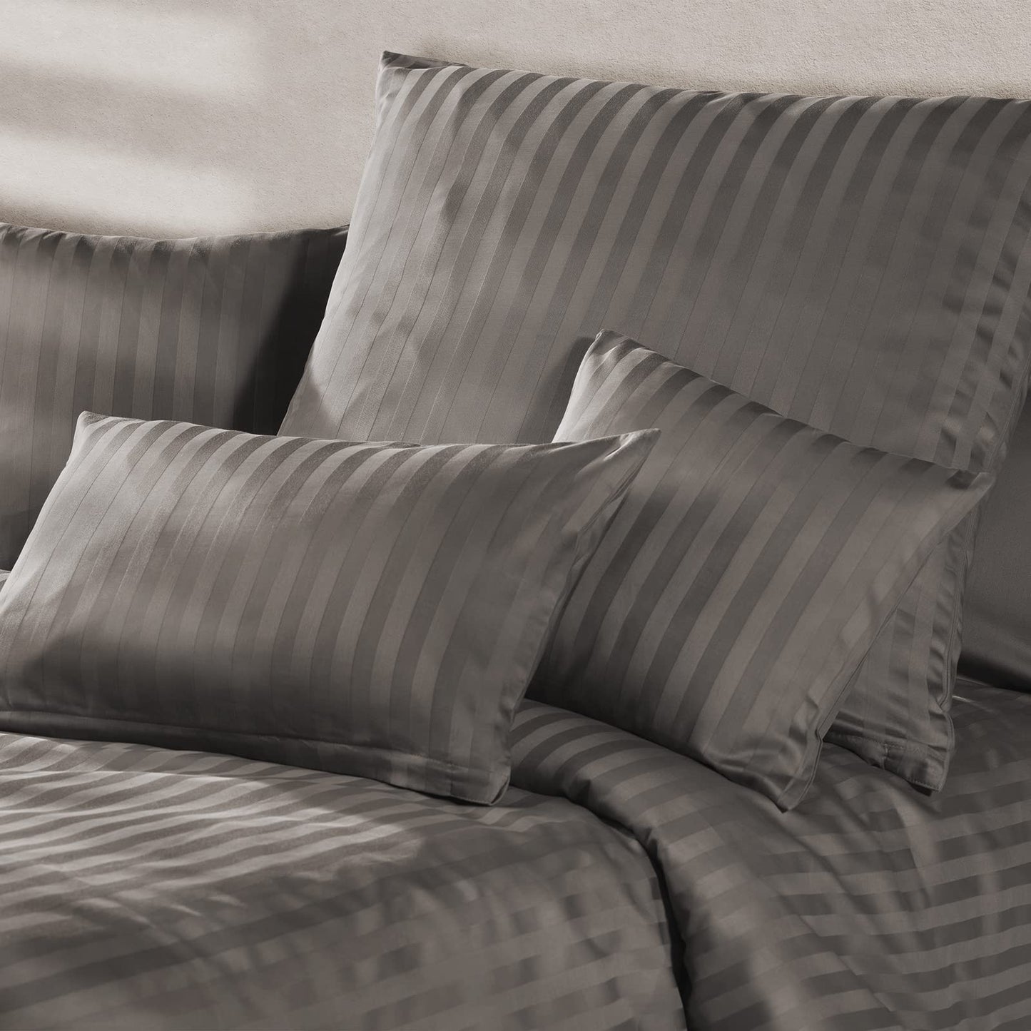 Pure Label 2-Pack Mako Satin Damask Stripe Pillowcases 40x40 cm made of 100% cotton in Taupe| Incredibly soft decorative pillows that match our bed linen sets.