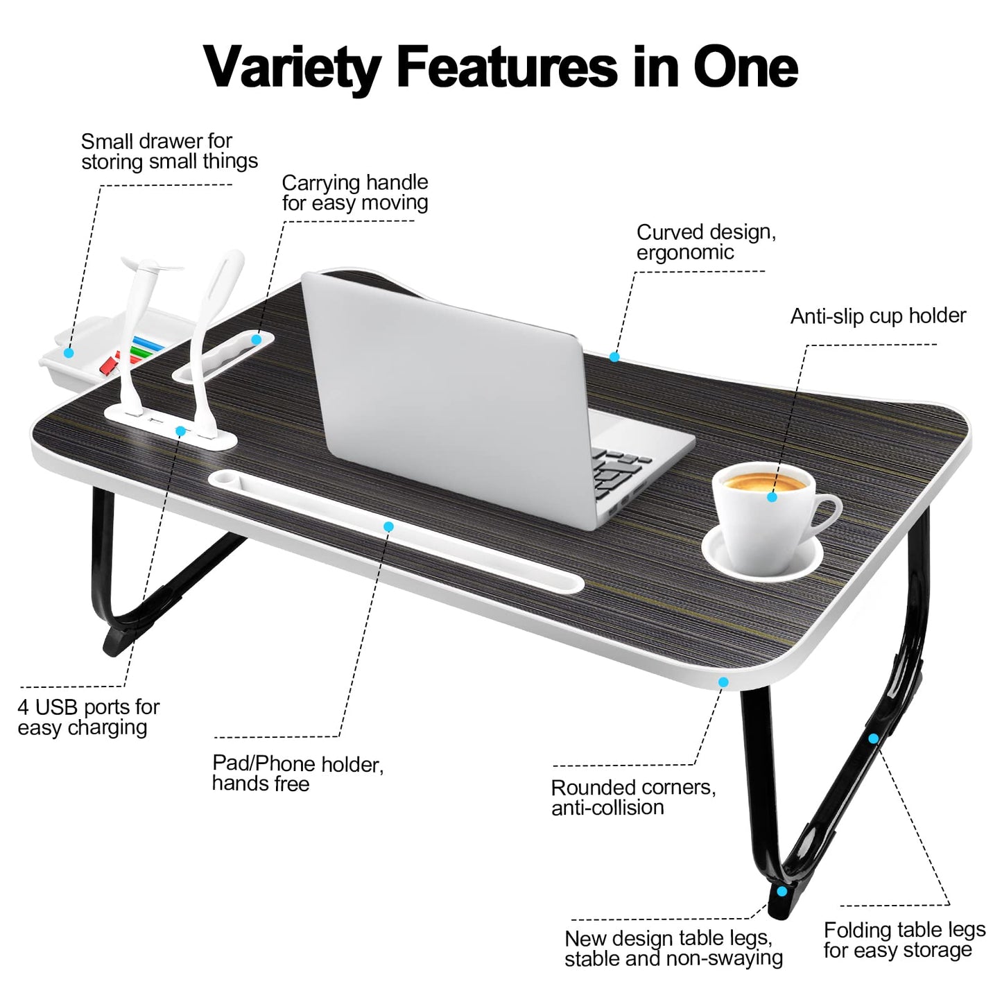 AirOpen laptop table for bed, foldable bed table with 4 USB charging ports, drawer, tablet stand, cup holder, carrying handle, laptop desk for bed, sofa, couch, floor (60 x 40 cm, black)