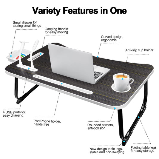 AirOpen laptop table for bed, foldable bed table with 4 USB charging ports, drawer, tablet stand, cup holder, carrying handle, laptop desk for bed, sofa, couch, floor (60 x 40 cm, black)