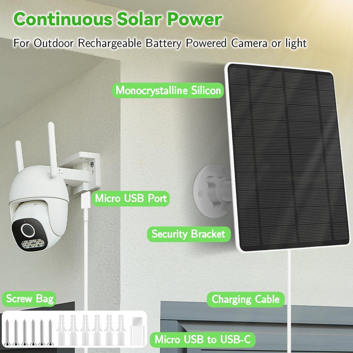 Eufy Security Solar Panel (5W) is compatible with EufyCam. It has a 5V solar panel with a USB-C connector, a micro USB adapter, and is IP65 weatherproof for outdoor surveillance and camera charging.