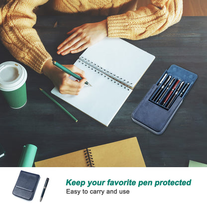 Hiram leather fountain pen case for 6 pens, Portable leather pen storage box with hidden magnetic snap closure design (Blue)