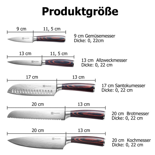 PAUDIN Kitchen Knife Set, 5-piece kitchen knife set made of high-quality carbon stainless steel, ultra-sharp knife set with chef's knife, cleaver, and utility knife.