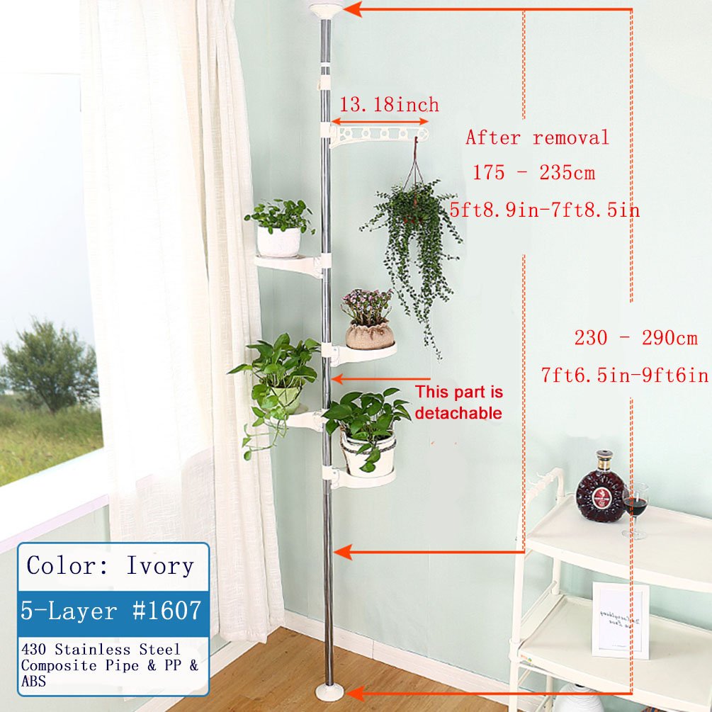 BAOYOUNI 5-Tier Telescopic Plant Stand Flower Shelf Rack Metal Tension Pole Adjustable Height 175-235 cm or 230-290 cm for Indoor, Balcony, Living Room, Ivory