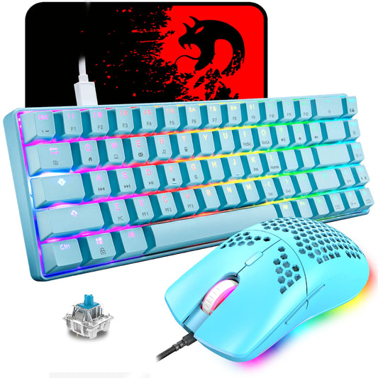 60% mechanical gaming keyboard, blue switch, mini-68 keys, wired, Type C, 18 backlight effects + lightweight optical RGB mouse with 6400 dpi, honeycomb mouse + large mousepad - Blue