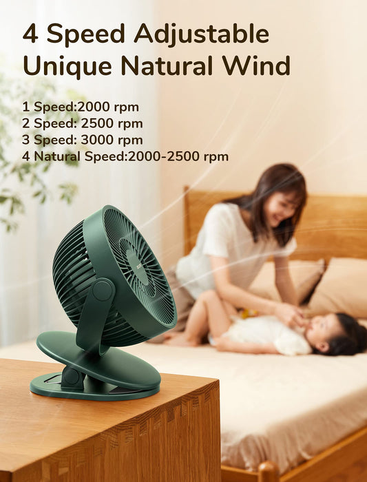 JISULIFE Mini USB Fan, Clip Battery Operated Desk Fan, Very Quiet Small with 4000mAh Battery, 4 Speeds, Up to 14 Hours for Bed, Desk, Crib, Stroller, Car Seat - Green
