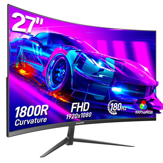 Gawfolk 27-inch Curved Gaming Monitor 165Hz/180Hz, PC screen Full HD 1080P, Frameless 1800R Computer monitor with FreeSync and Eye Care Technology, supports VESA.