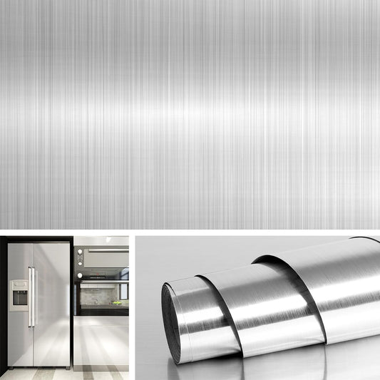 Livelynine 5M x 90CM wide adhesive film brushed stainless steel decor self-adhesive film kitchen foil wallpaper silver metal foil for kitchen refrigerator dishwasher kitchen adhesive films countertop.