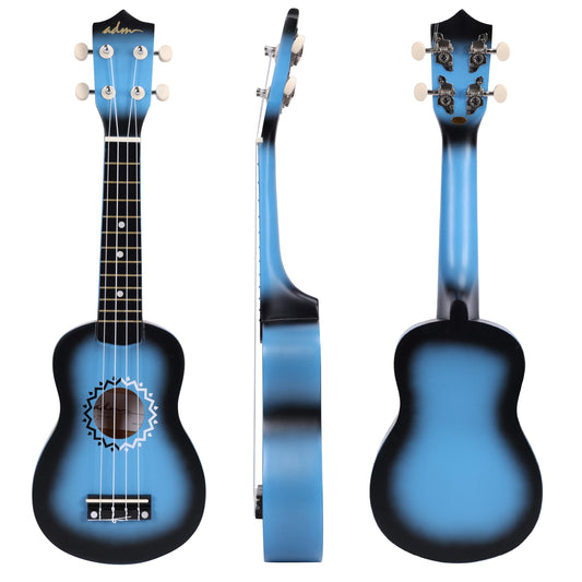 ADM Soprano Ukulele Set for kids and beginners, Ukulele starter kit with bag, tuner, rainbow strings, colorful strap, pick, fretboard stickers, chord chart (Blue)