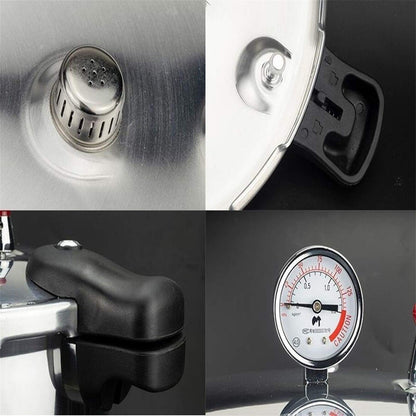 25 liter pressure cooker canner for all American canning needs, water bath canner included. Features pressure gauge, pressure regulator, and induction compatibility. Pressure release valve set at 13 PSI +/- 5%.