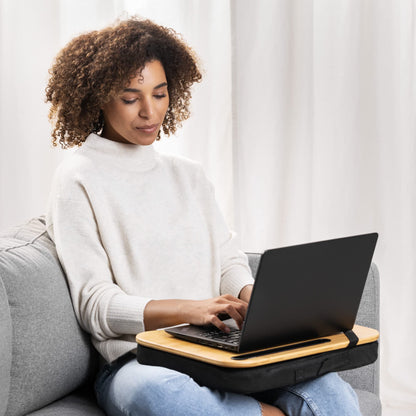 Navaris laptop table with cushion 44x32x6cm - laptop cushion pad removable - stand for laptop and tablet made of wood with padding - black natural