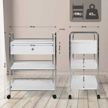 CLP rolling trolley PL912 I utility cart on wheels I cosmetics trolley with drawer and THREE shelves I multi-purpose trolley, color: white