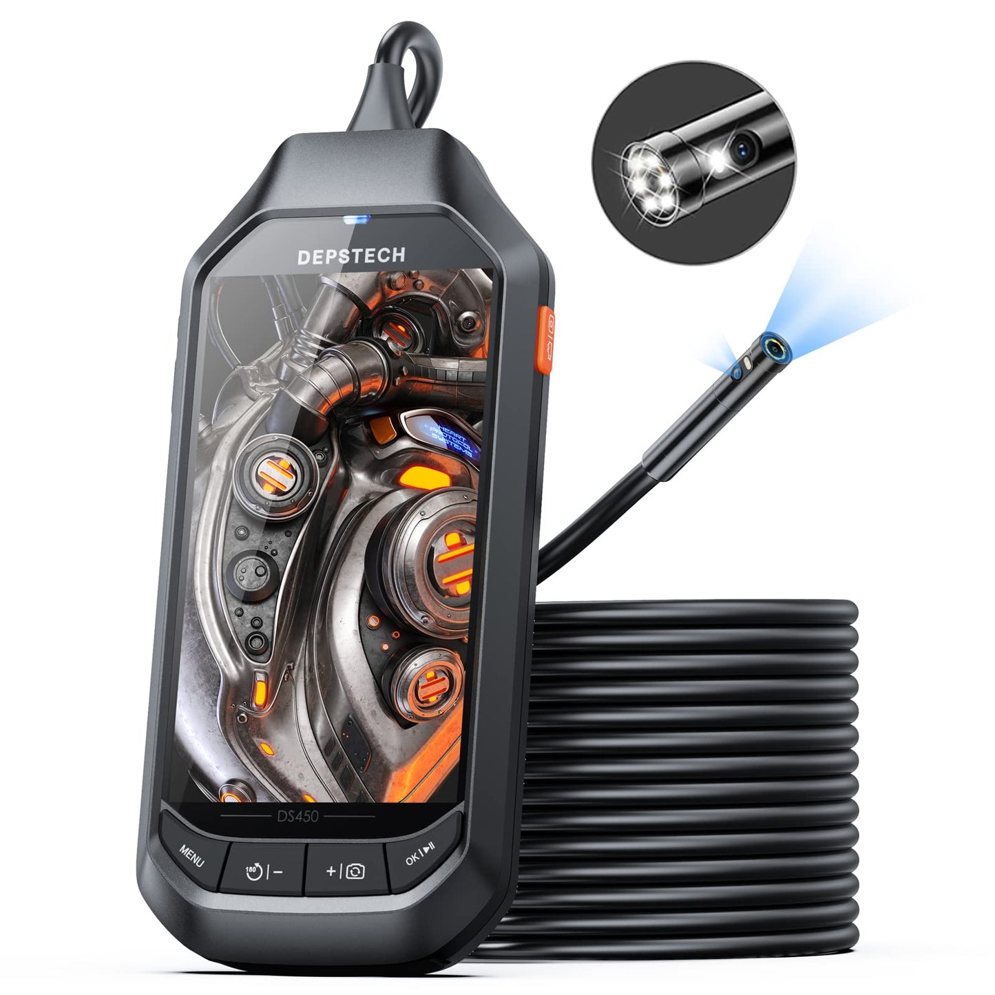 DEPSTECH Dual Lens 1080P Endoscope Camera with Light, Endoscope with 4.5-inch IPS screen, HD Inspection Camera with 6 adjustable LED lights, 3500mAh battery, 32GB TF card, carrying case, Pipe Camera (5M)