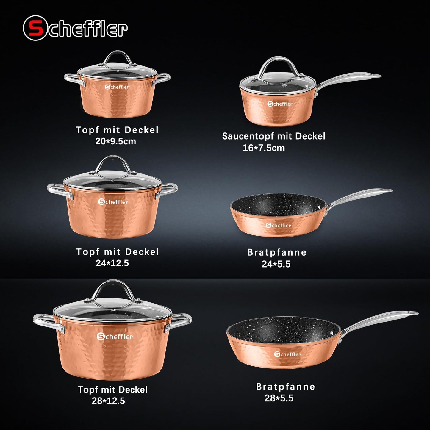 Cookware set, Scheffler 15-piece induction cookware set, induction pots with glass lids, pot and pan set, pots and pans, suitable for induction cooktops, stainless steel handles - Copper.