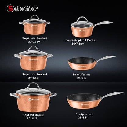 Cookware set, Scheffler 15-piece induction cookware set, induction pots with glass lids, pot and pan set, pots and pans, suitable for induction cooktops, stainless steel handles - Copper.