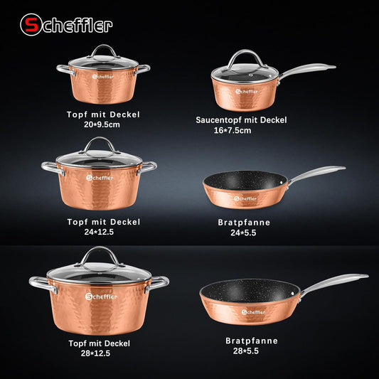 Cookware set, Scheffler 15-piece induction cookware set, induction pots with glass lids, pot and pan set, pots and pans, suitable for induction cooktops, stainless steel handles - Copper.
