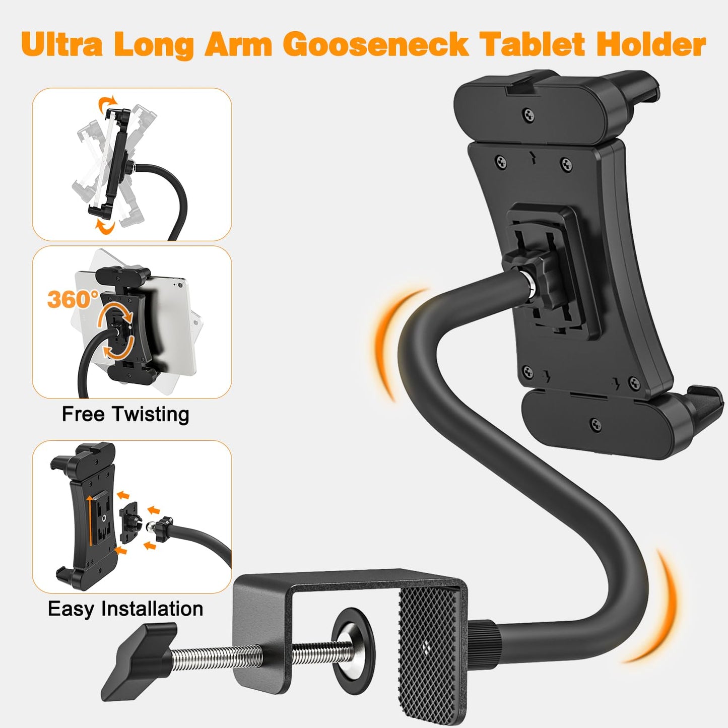 JUBORUI Tablet Stand Table, iPad Stand Table with Metal Swivel Arms, 360° Rotatable Tablet Stand, Tablet Stand for iPad mini, all 4.7-13.5 inch Tablets