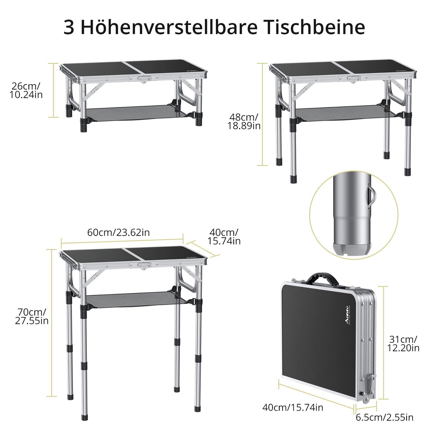 Offer camping table folding table 60x40cm aluminum frame with 3 adjustable heights 26/48/70cm picnic table with storage net portable multifunction table for camping beach balcony (black)
