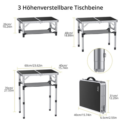 Offer camping table folding table 60x40cm aluminum frame with 3 adjustable heights 26/48/70cm picnic table with storage net portable multifunction table for camping beach balcony (black)