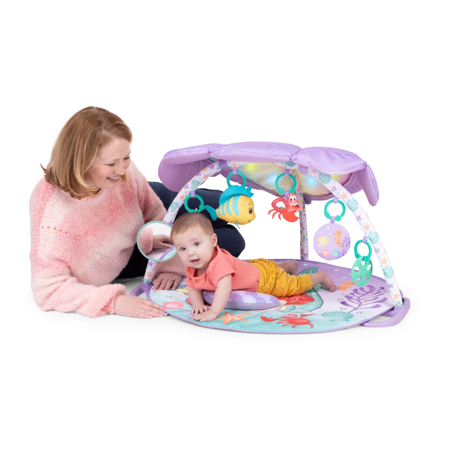 Bright Starts, The Little Mermaid Twinkle Trove illuminated music activity gym, 25 minutes of melodies, 6 toys included, for newborns +.