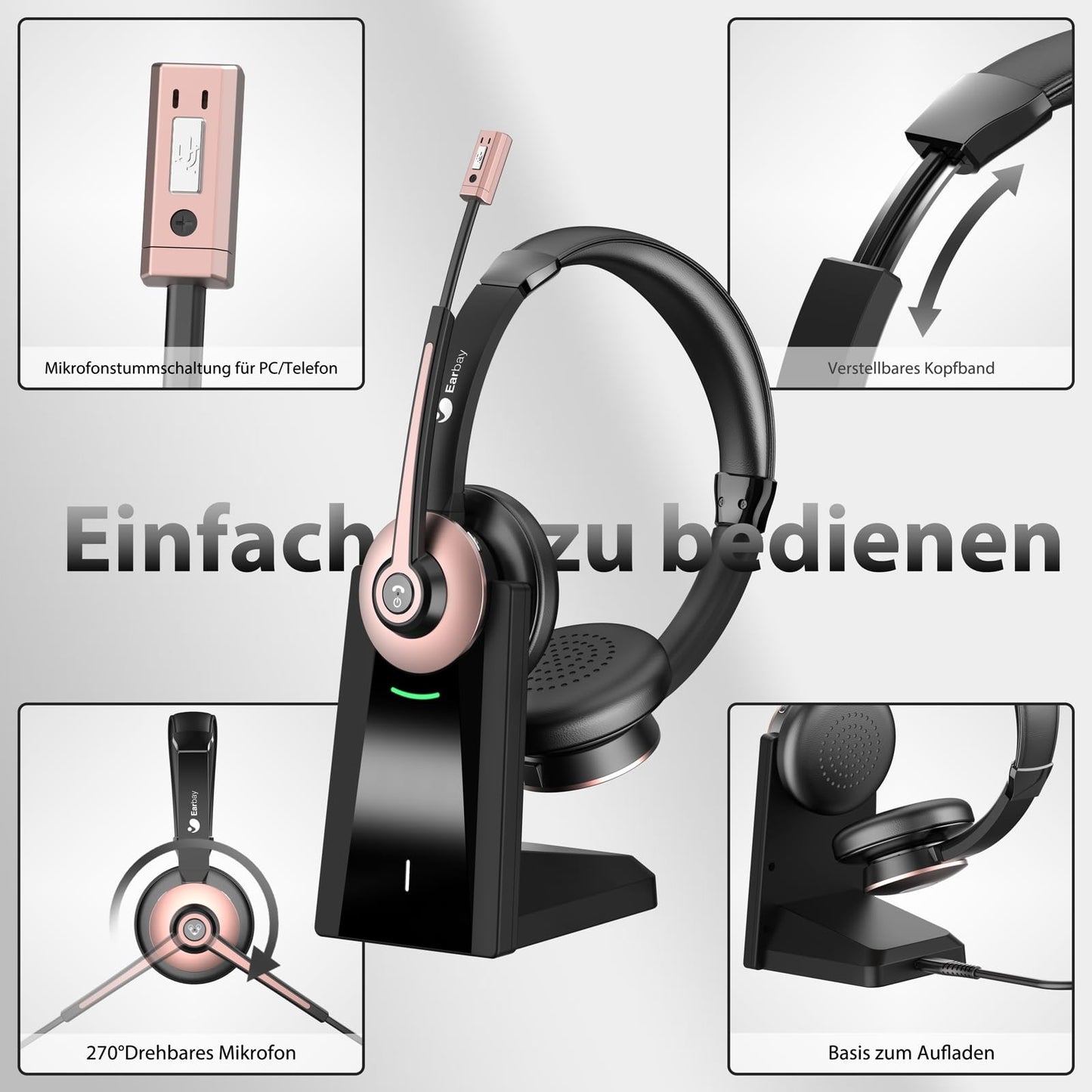 Wireless headset, Bluetooth headset with microphone and noise cancellation & USB dongle, wireless with microphone mute & charging station for computer/phone/meeting/call center/office.