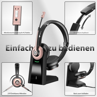 Wireless headset, Bluetooth headset with microphone and noise cancellation & USB dongle, wireless with microphone mute & charging station for computer/phone/meeting/call center/office.