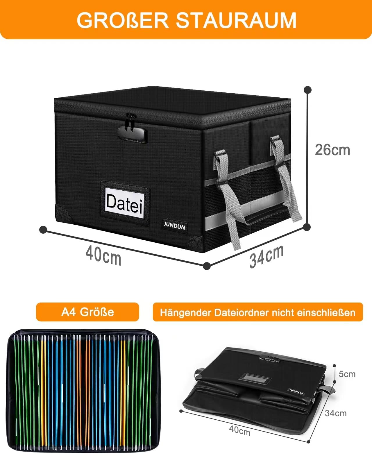 JUNDUN File Organizer Box with Lock, Foldable Fireproof Document Box with Water-Resistant Zipper and Lid, Portable Decorative Hanging File Box for Home/Office.