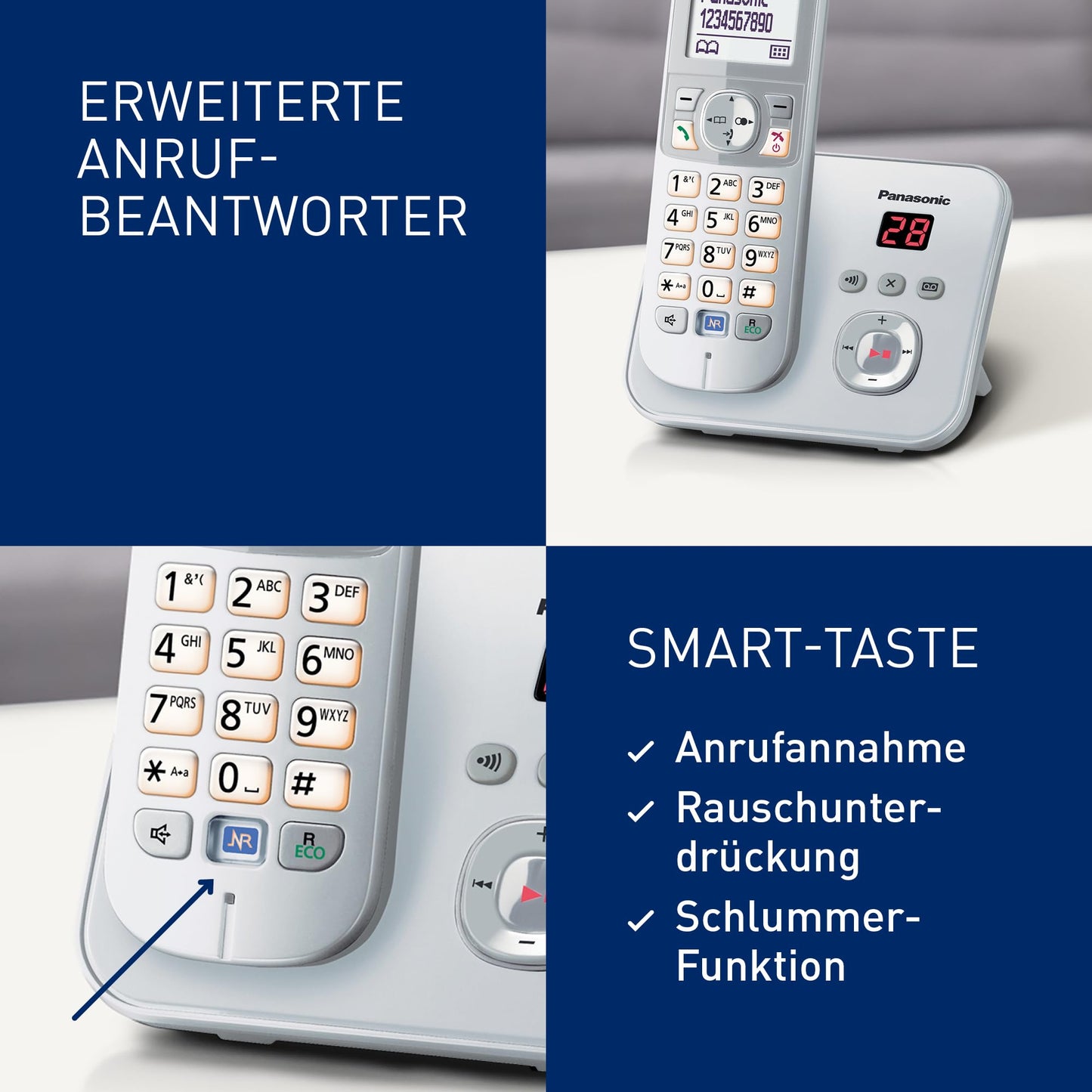 Panasonic KX-TG6822GS DECT cordless telephone with answering machine (low radiation, eco mode, GAP phone, landline, call block, duo) pearl-silver.