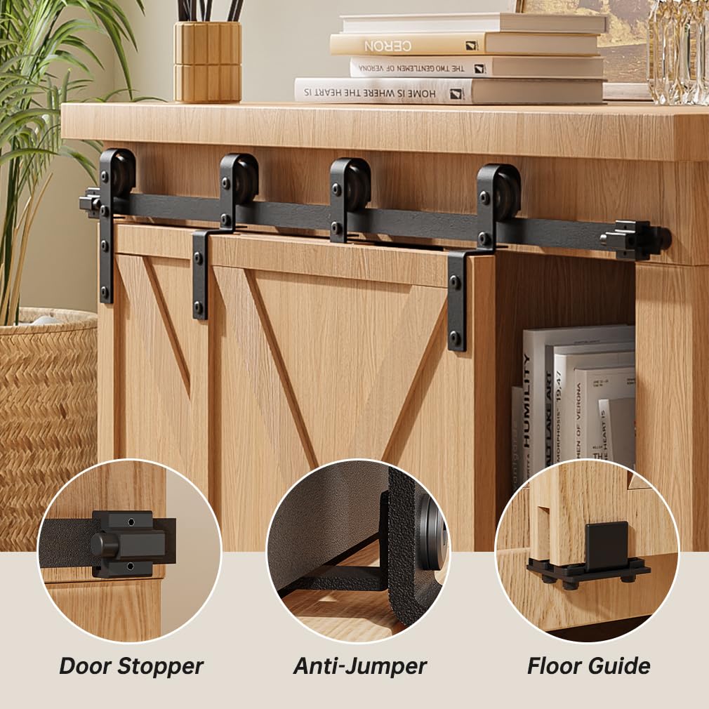 BONIKLUBA Mini Sliding Door Complete Set Sliding Door Hardware 228.7cm Track with Rollers Sliding Door System for Bypass Double Sliding Door Wood (No Cabinet Doors)