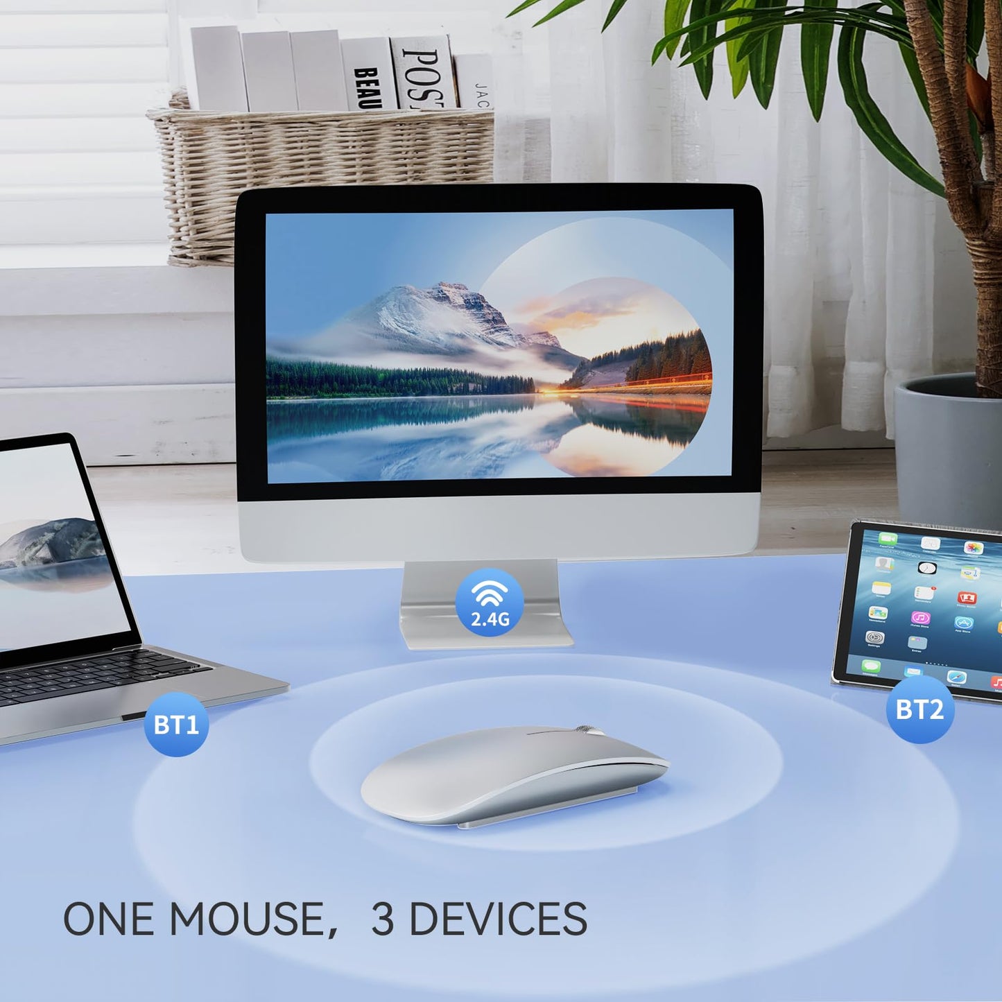 Uiosmuph Bluetooth Mouse, Wireless Mouse with USB Nano Receiver, Tri-Mode (Dual Bluetooth 5.1 + 2.4GHz) Quiet Wireless Mouse Rechargeable for Laptop, PC, iPad, Mac Silver