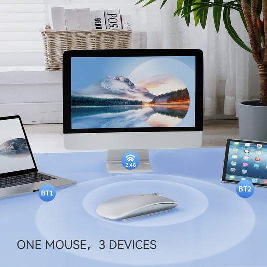 Uiosmuph Bluetooth Mouse, Wireless Mouse with USB Nano Receiver, Tri-Mode (Dual Bluetooth 5.1 + 2.4GHz) Quiet Wireless Mouse Rechargeable for Laptop, PC, iPad, Mac Silver